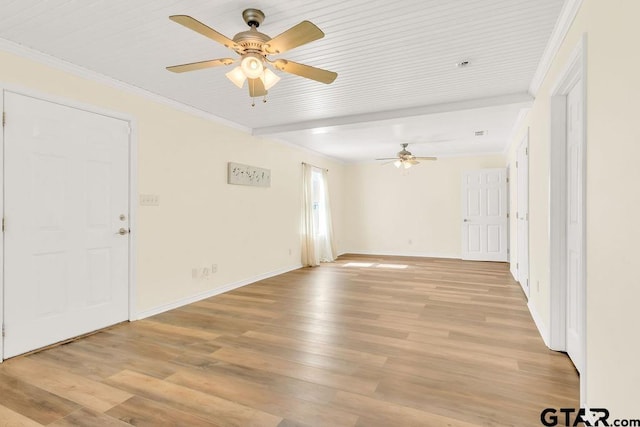 unfurnished room featuring ceiling fan, baseboards, ornamental molding, and light wood finished floors