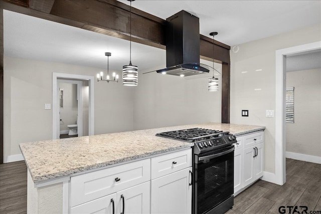 kitchen with white cabinets, island range hood, dark hardwood / wood-style floors, and black range with gas cooktop