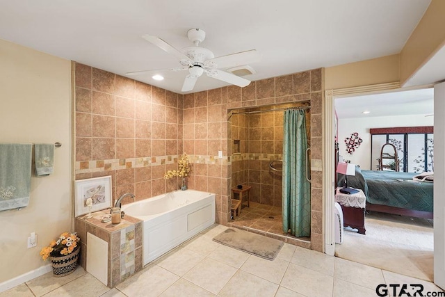 bathroom featuring tile patterned flooring, recessed lighting, connected bathroom, a bath, and a shower stall
