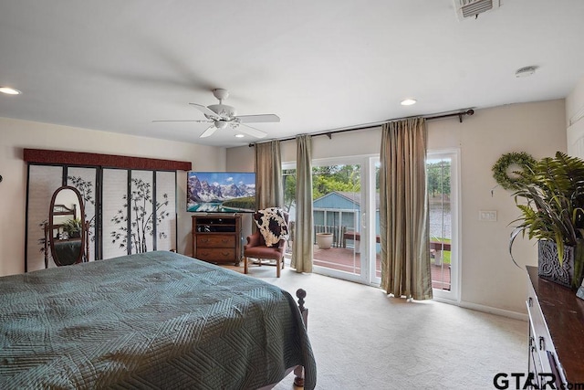 carpeted bedroom featuring visible vents, access to exterior, baseboards, ceiling fan, and recessed lighting