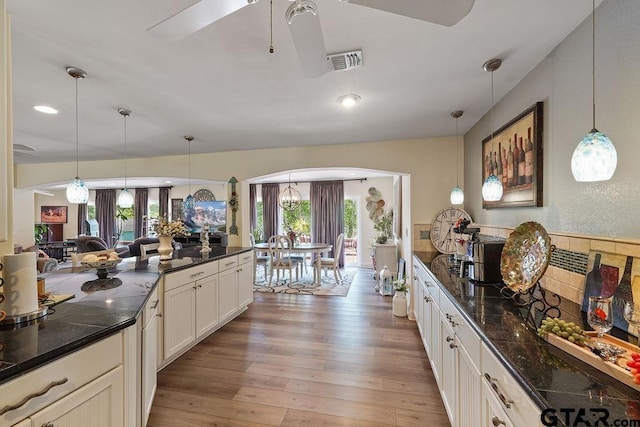 kitchen with a healthy amount of sunlight, arched walkways, ceiling fan, and visible vents