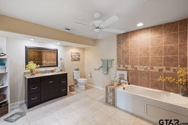 full bathroom featuring tile patterned flooring, visible vents, toilet, ceiling fan, and a bath