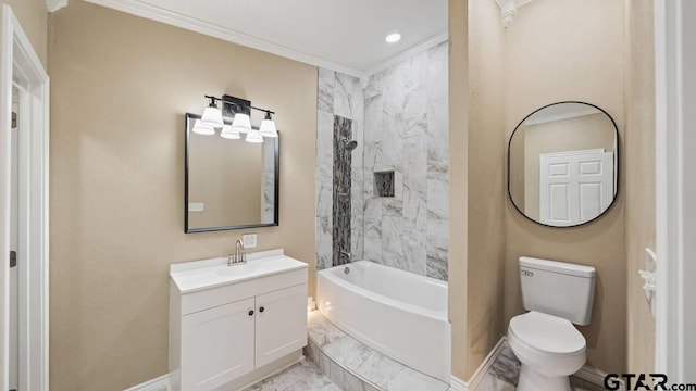 bathroom featuring vanity, toilet, and ornamental molding