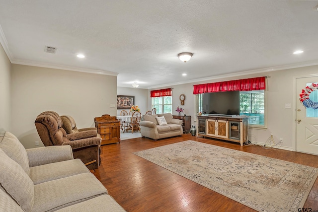 living room featuring a textured ceiling, dark hardwood / wood-style floors, and crown molding