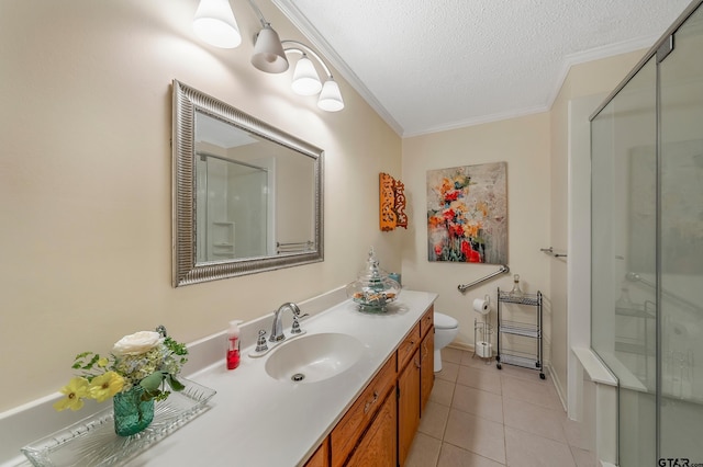 bathroom featuring tile patterned flooring, crown molding, an enclosed shower, a textured ceiling, and vanity