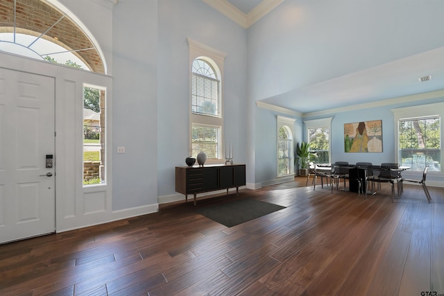 foyer entrance featuring a high ceiling, ornamental molding, and dark hardwood / wood-style floors