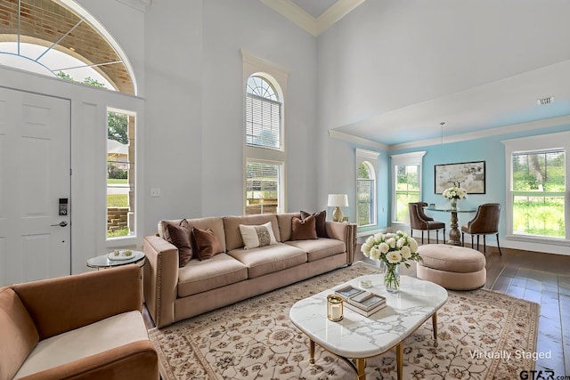619 Court Rdg, Tyler, TX 75703 - living area with hardwood / wood-style floors, plenty of natural light, a high ceiling, and ornamental molding