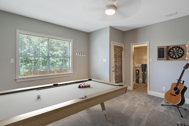 recreation room featuring pool table, a wealth of natural light, ceiling fan, and light colored carpet