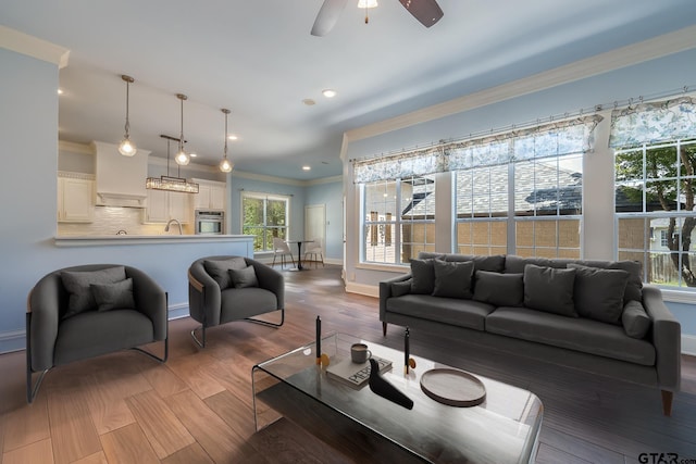 living room featuring ornamental molding, hardwood / wood-style flooring, ceiling fan, and sink