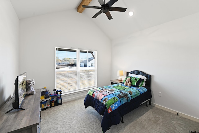 carpeted bedroom with ceiling fan, beam ceiling, and high vaulted ceiling