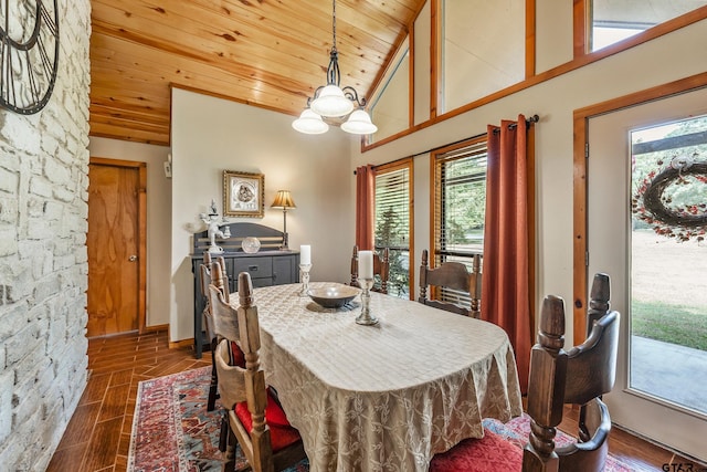 dining space featuring dark wood-type flooring, high vaulted ceiling, wood ceiling, and a chandelier