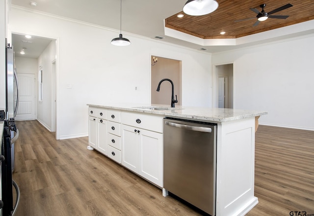 kitchen featuring appliances with stainless steel finishes, white cabinetry, sink, a kitchen island with sink, and wooden ceiling