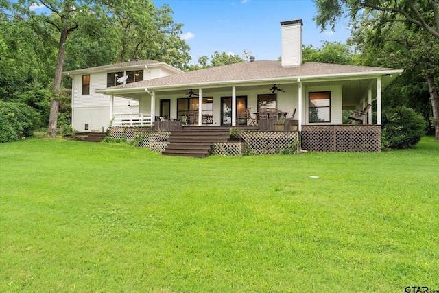 7016 Fm 3054, Malakoff, TX 75148 - view of front of home featuring a ceiling fan, a front lawn, a chimney, and a porch