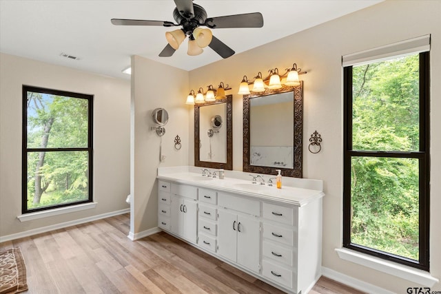 7016 Fm 3054, Malakoff, TX 75148 - bathroom with double vanity, healthy amount of natural light, wood finished floors, and ceiling fan