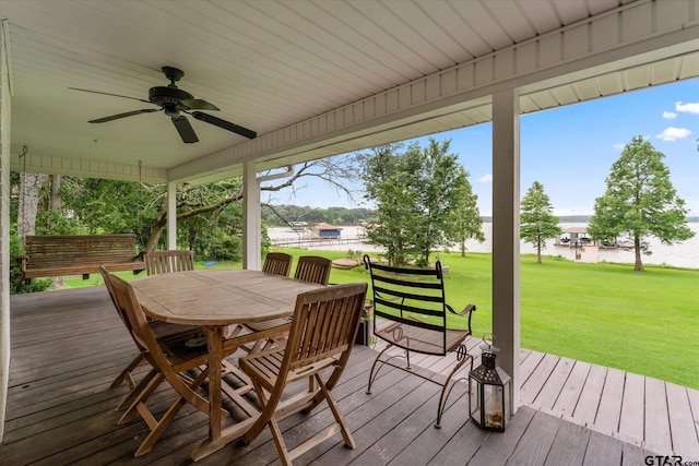 7016 Fm 3054, Malakoff, TX 75148 - wooden deck with a water view, ceiling fan, a lawn, and outdoor dining area