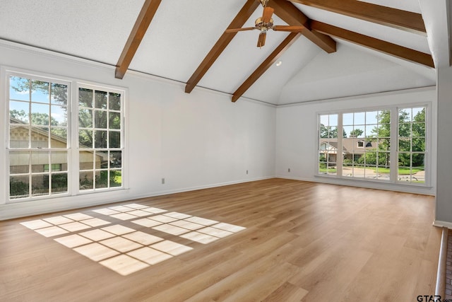 unfurnished living room featuring vaulted ceiling with beams, light wood-type flooring, and ceiling fan