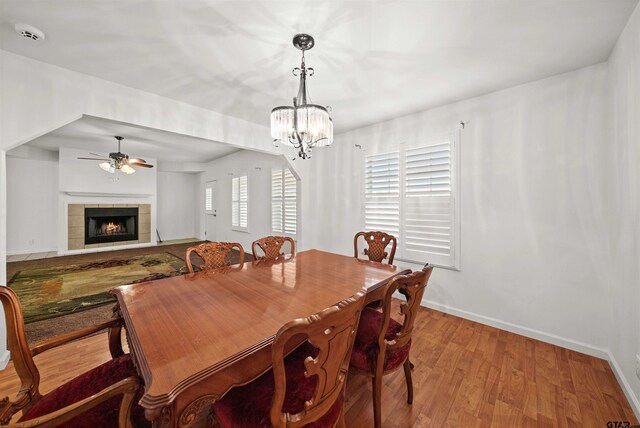 dining room with a tiled fireplace, ceiling fan with notable chandelier, and light wood-type flooring