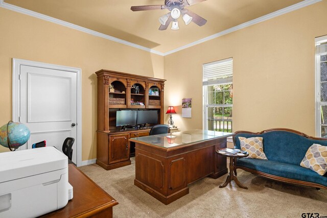 3631 River Oaks Ct, Tyler, TX 75707 - office space with light colored carpet, crown molding, ceiling fan, and baseboards