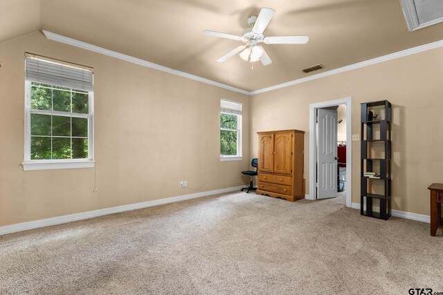 3631 River Oaks Ct, Tyler, TX 75707 - unfurnished bedroom with carpet, baseboards, crown molding, ceiling fan, and vaulted ceiling
