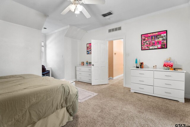 3631 River Oaks Ct, Tyler, TX 75707 - bedroom featuring ornamental molding, light carpet, baseboards, a ceiling fan, and vaulted ceiling