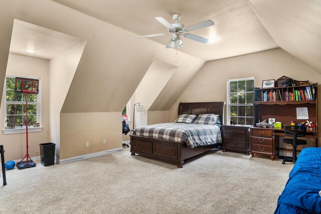 3631 River Oaks Ct, Tyler, TX 75707 - bedroom featuring carpet flooring, multiple windows, lofted ceiling, baseboards, and a ceiling fan