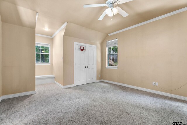 3631 River Oaks Ct, Tyler, TX 75707 - spare room with a ceiling fan, carpet, baseboards, ornamental molding, and lofted ceiling