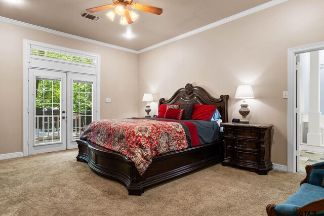 3631 River Oaks Ct, Tyler, TX 75707 - carpeted bedroom with ornamental molding, access to outside, baseboards, ensuite bathroom, and french doors