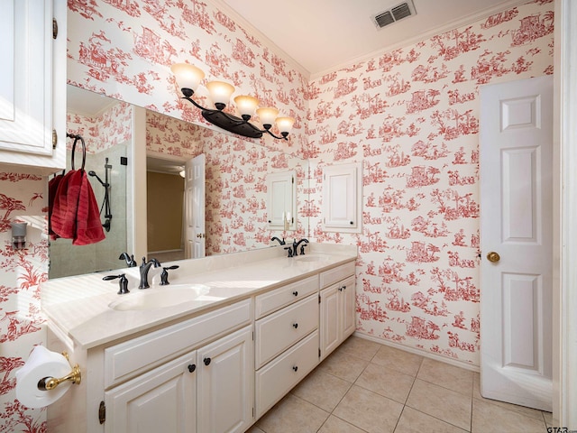 bathroom with vanity, tile patterned floors, and ornamental molding