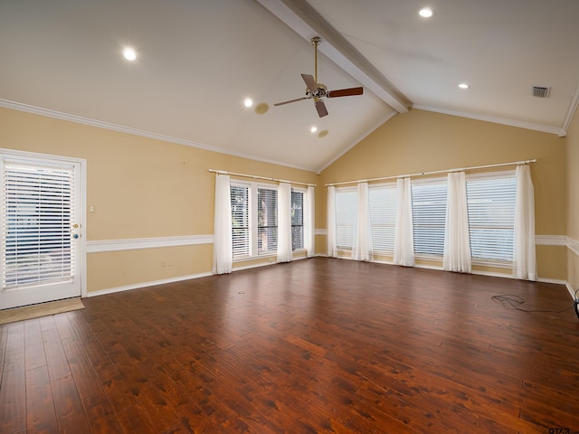 unfurnished living room featuring ceiling fan, crown molding, dark hardwood / wood-style flooring, and vaulted ceiling with beams