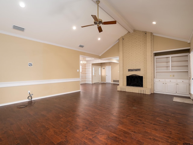 unfurnished living room featuring lofted ceiling with beams, crown molding, ceiling fan, dark hardwood / wood-style flooring, and a fireplace