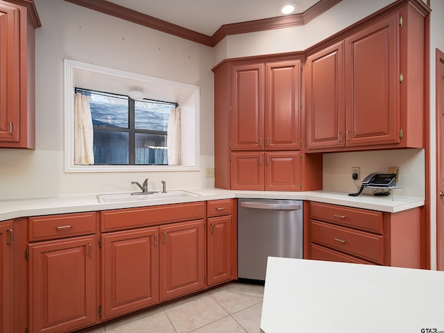 kitchen featuring ornamental molding, stainless steel dishwasher, light tile patterned flooring, and sink