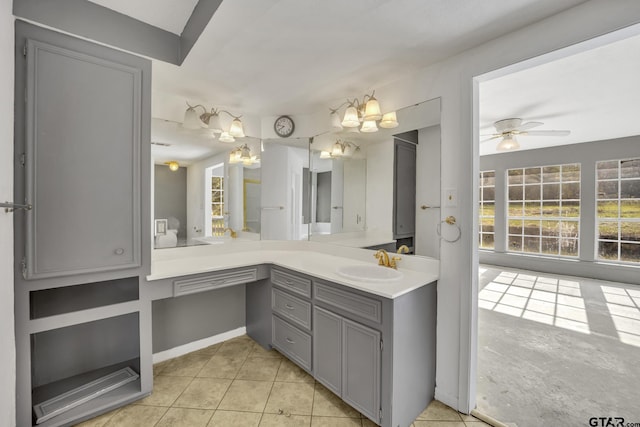 bathroom with vanity, tile patterned floors, and ceiling fan