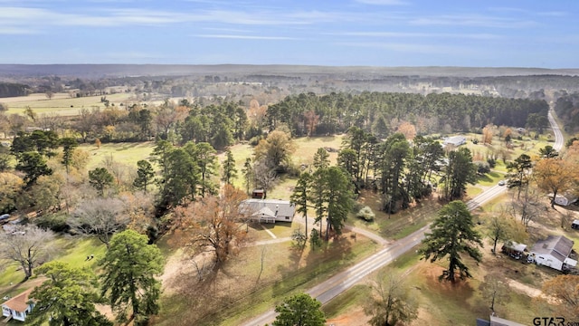 birds eye view of property featuring a rural view and a wooded view