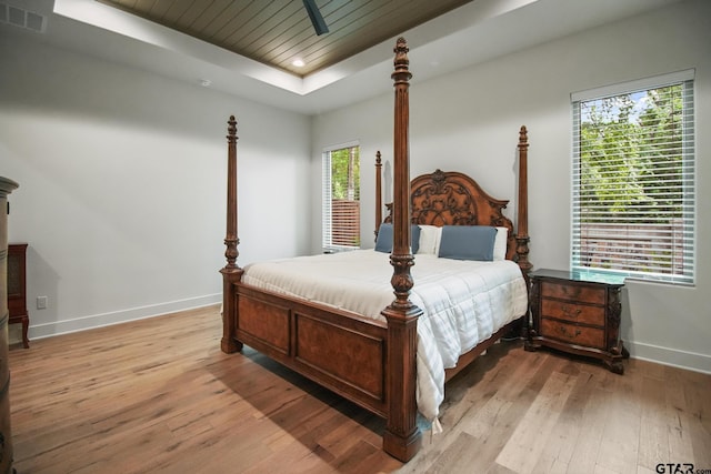 7863 Cross Rd, Tyler, TX 75703 - bedroom with a raised ceiling, baseboards, light wood-style floors, and wood ceiling