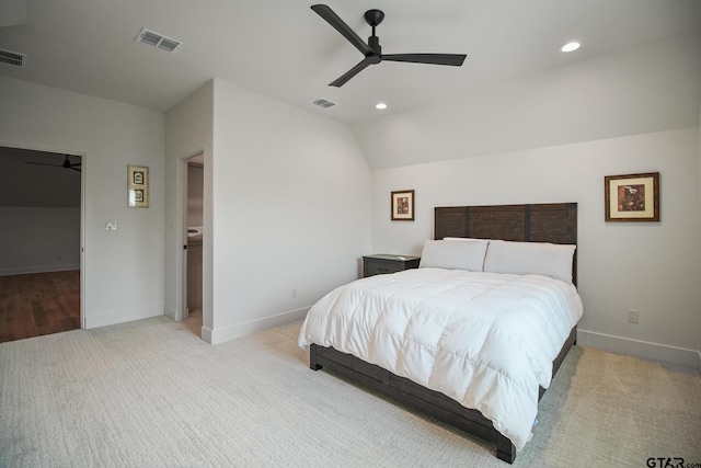 7863 Cross Rd, Tyler, TX 75703 - bedroom featuring recessed lighting, light colored carpet, baseboards, vaulted ceiling, and a ceiling fan