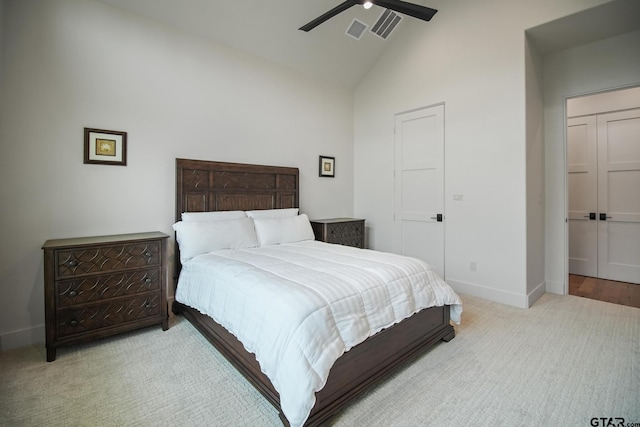 7863 Cross Rd, Tyler, TX 75703 - carpeted bedroom featuring high vaulted ceiling, baseboards, and a ceiling fan