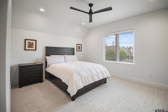 7863 Cross Rd, Tyler, TX 75703 - bedroom with baseboards, light colored carpet, lofted ceiling, recessed lighting, and ceiling fan