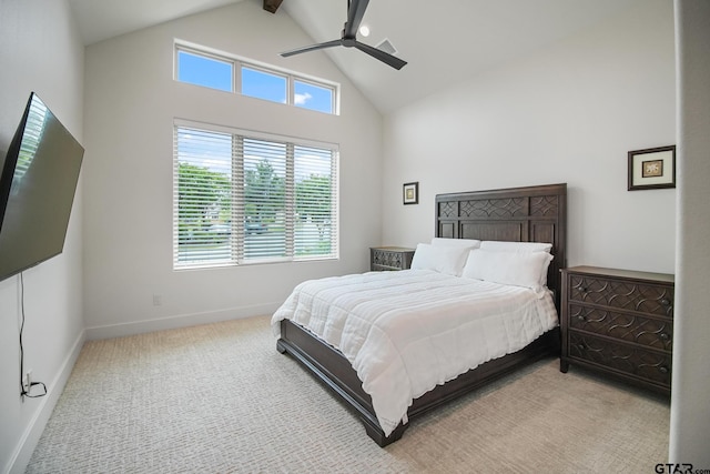 7863 Cross Rd, Tyler, TX 75703 - bedroom with high vaulted ceiling, baseboards, light carpet, ceiling fan, and beamed ceiling