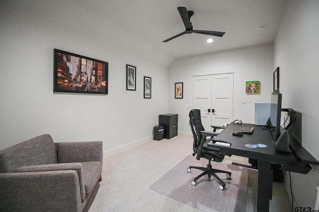 7863 Cross Rd, Tyler, TX 75703 - carpeted office with a ceiling fan, vaulted ceiling, baseboards, and recessed lighting