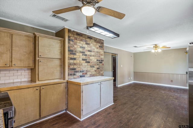 kitchen featuring tasteful backsplash, ceiling fan, a textured ceiling, and dark hardwood / wood-style floors