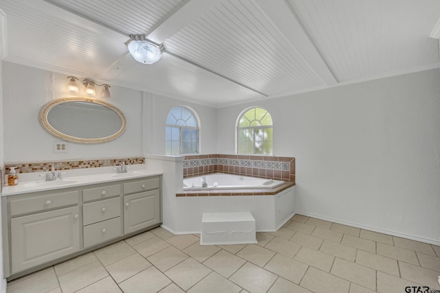 2010 County Road 4250, Winnsboro, TX 75494 - bathroom featuring double vanity, a garden tub, decorative backsplash, tile patterned floors, and crown molding