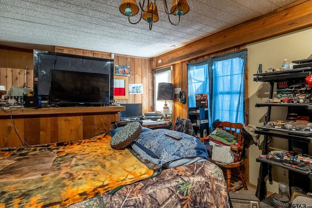 bedroom with wooden walls