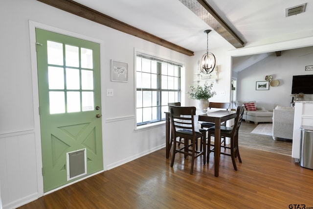 813 W Rieck Rd, Tyler, TX 75703 - dining space featuring beamed ceiling, a chandelier, dark wood-style floors, and wainscoting