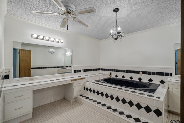 full bathroom featuring crown molding, vanity, tile patterned floors, and ceiling fan with notable chandelier