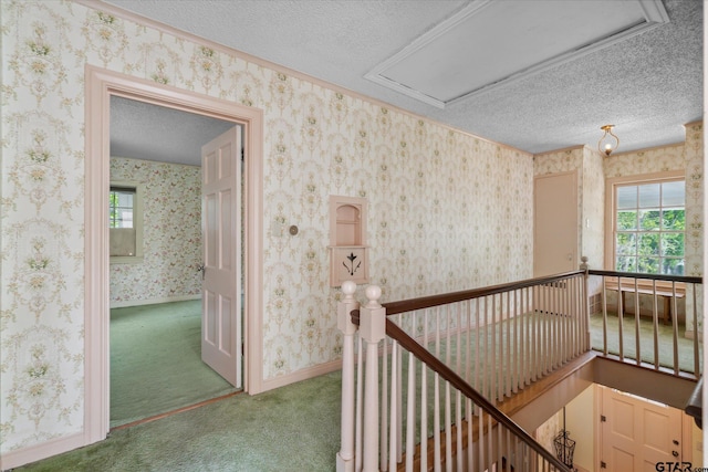 corridor with plenty of natural light, carpet floors, a textured ceiling, and an upstairs landing