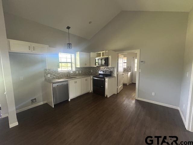kitchen with white cabinets, dishwasher, dark wood-style flooring, and black range with electric stovetop