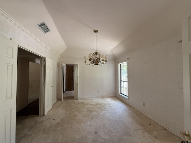 unfurnished dining area featuring light carpet, vaulted ceiling, visible vents, baseboards, and a chandelier