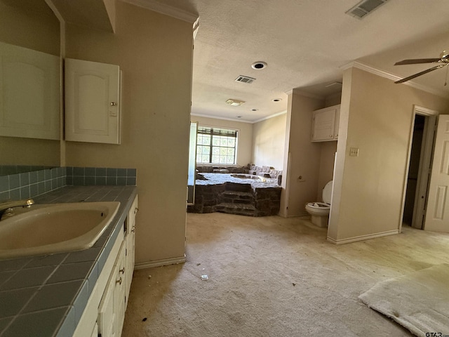 bathroom featuring ceiling fan, ornamental molding, vanity, and visible vents