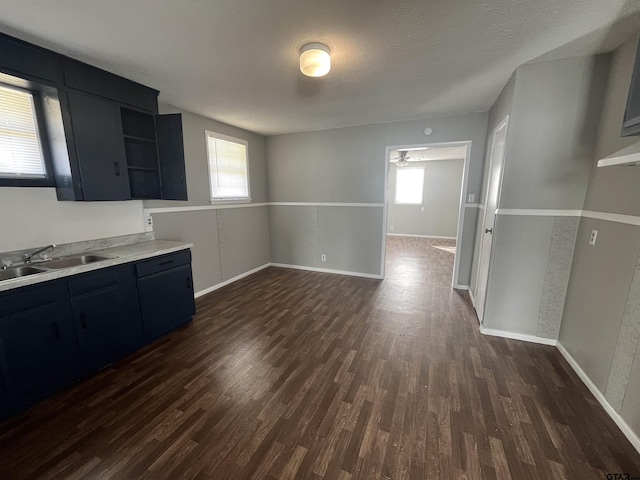 kitchen featuring dark cabinets, a sink, a wealth of natural light, open shelves, and dark wood finished floors