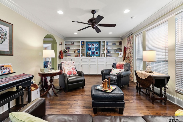 1122 S Chilton, Tyler, TX 75701 - living area featuring ornamental molding, ceiling fan, dark wood-style flooring, arched walkways, and recessed lighting